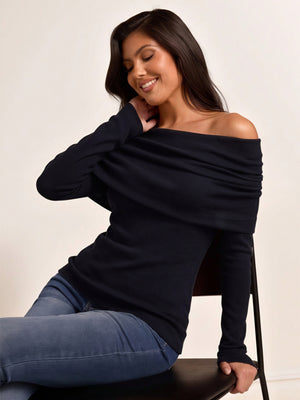 Wool Folded Off-shoulder Long-sleeved Sweater