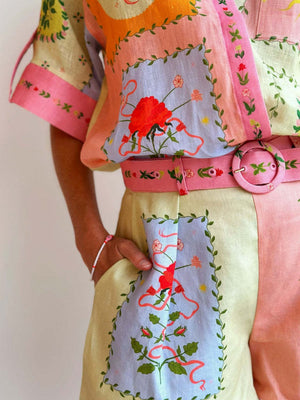 Ensemble deux pièces chemise et short en lin à imprimé floral, décontracté et élégant