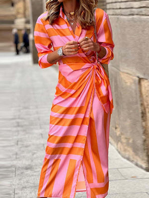 Wrap-up Shirt Collar Lace Up Printed Maxi Dresses