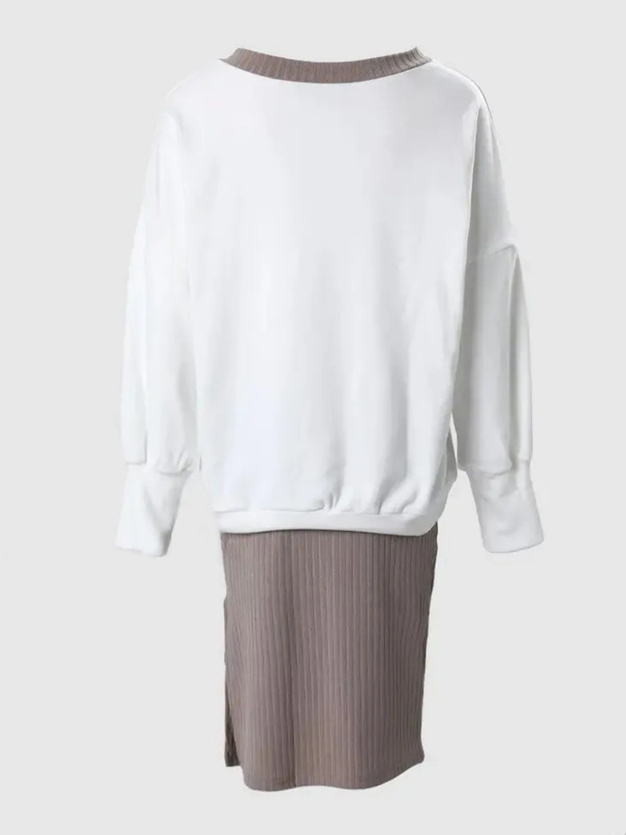 Loose-fit V-neck Sweatshirts&Hoodies Hip-hugging Slit Skirt Set 2-piece Sets