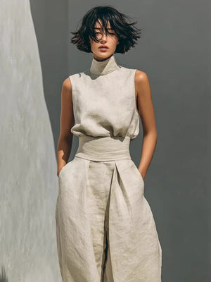 Turtleneck Simplicity Jacket High Waist Wide-leg Pants Set 2-piece Sets