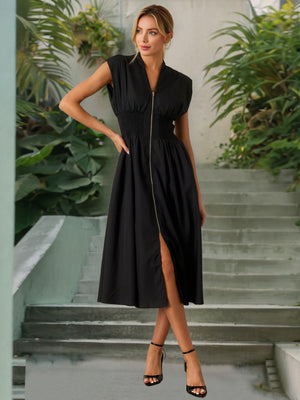 V-neck Zipper Opening Tucking And Waist-cinching Maxi Dresses