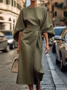 Solid Color Fitted Waist Dress, Casual Batwing Sleeve Long Skirt