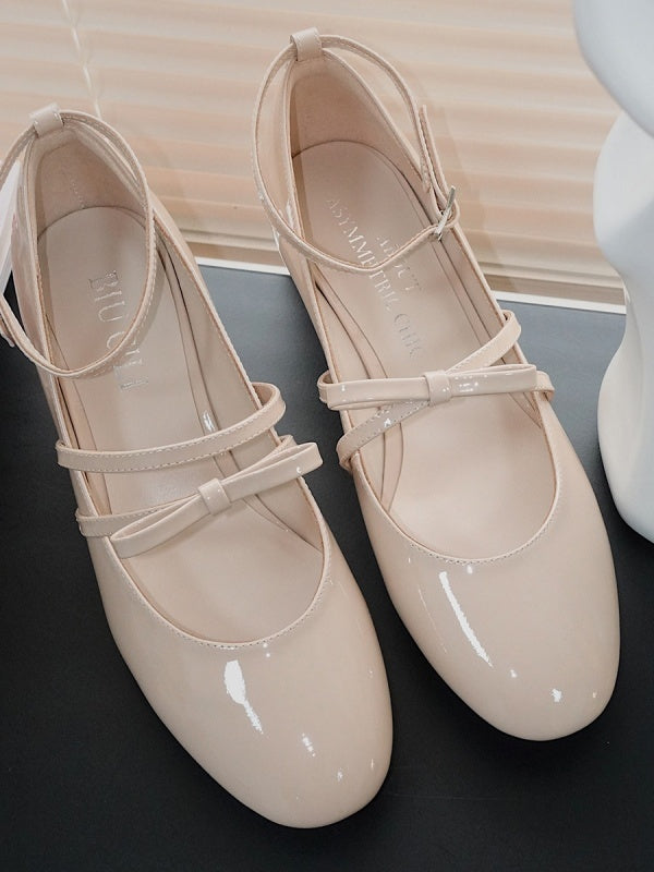 BIUCILI "Southern France Holiday" Original Design Elegant Bow Mary Jane Wedding Shoes Chunky Heel Women's Flats
