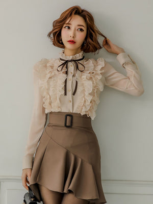 Elegant Two-piece Set: Stand-up Collar Sheer Blouse And Ruffled Skirt.