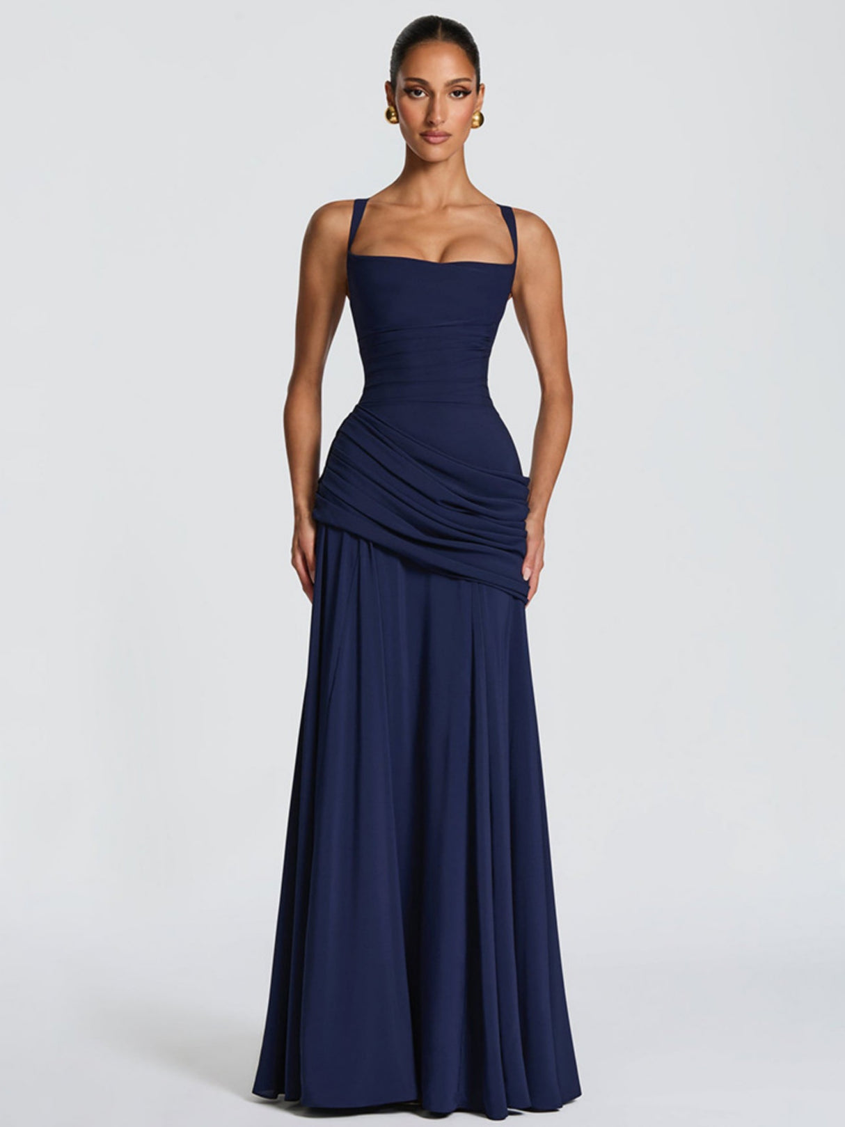 Pleated Waist-cinching And Backless Fish Tail Low-cut Halter Top Maxi Dresses
