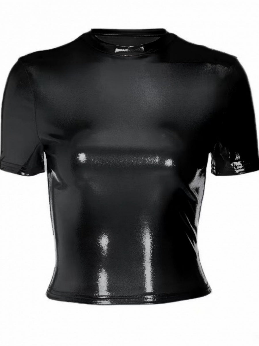 Metallic Color Crew Neck Short Sleeve Tight Fit T-shirts