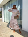 Hollow-out Long-sleeved Stand-up Collar Short Dress With Lace Trim