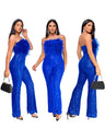 Sleeveless Backless Sequined Feather Flared Leg Jumpsuit
