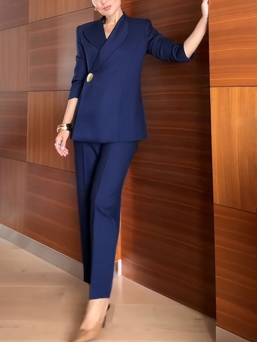 Blue Slanted Placket Design Blazers Straight-leg Pants 2-piece Sets