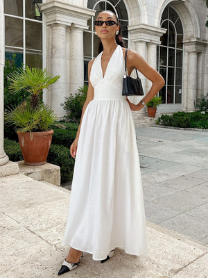 Halter V-neck Solid Color Maxi Dresses