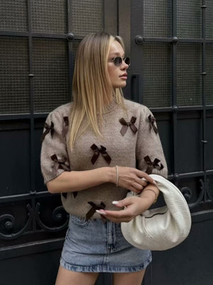 Lace up 3D Bow Short sleeve Knitting Sweaters