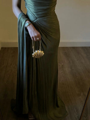 Olive Green Pleated Ribbon Sparkling Maxi Dresses