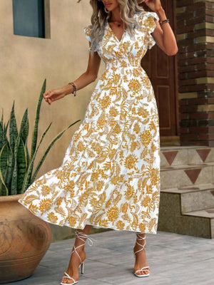 Floral Print V-neck Short Sleeve Maxi Dresses