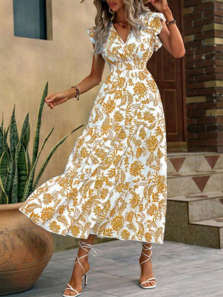 Floral Print V-neck Short Sleeve Maxi Dresses