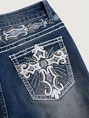 Women's Autumn/Winter Dark Washed Embroidered Rhinestone Flare Jeans