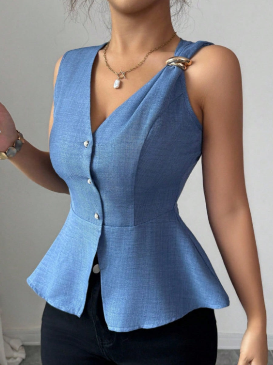 Metal Buckle Design V-neck Sleeveless Fitted Waist Vest