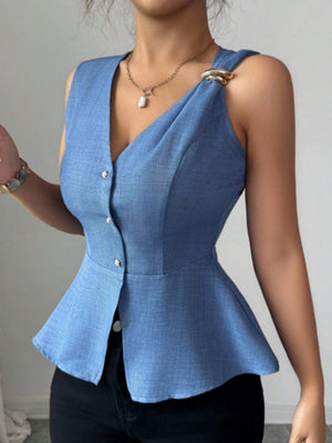Metal Buckle Design V-neck Sleeveless Fitted Waist Vest