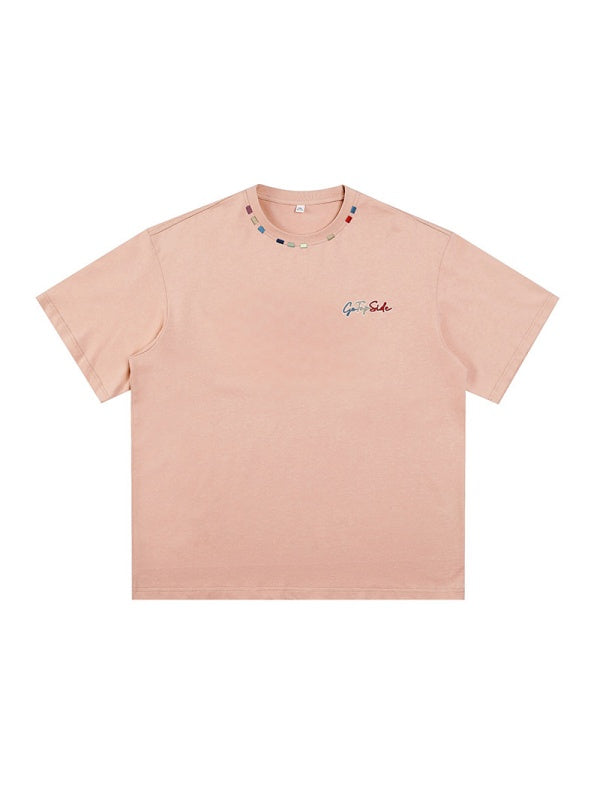 Color-blocked Colorful Embroidery Loose-fit T-shirts
