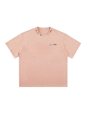 Color-blocked Colorful Embroidery Loose-fit T-shirts