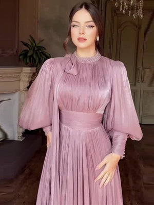 Balloon Sleeve Rhinestone-studded Waist Banquet Maxi Dresses