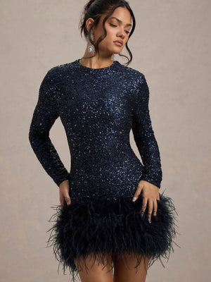 Liber Winter Women's Sequins Solid Color Long sleeve Feather Mini&Short Dresses