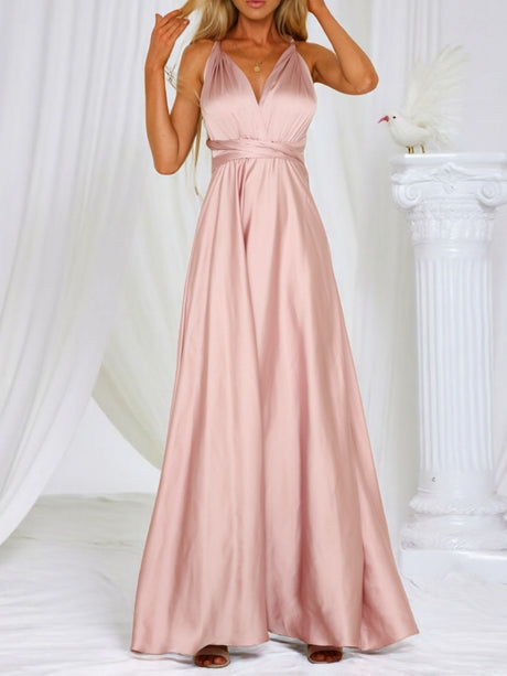 V-neck Satin Ribbon Long Skirt Parties Maxi Dresses