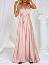 V-neck Satin Ribbon Long Skirt Parties Maxi Dresses