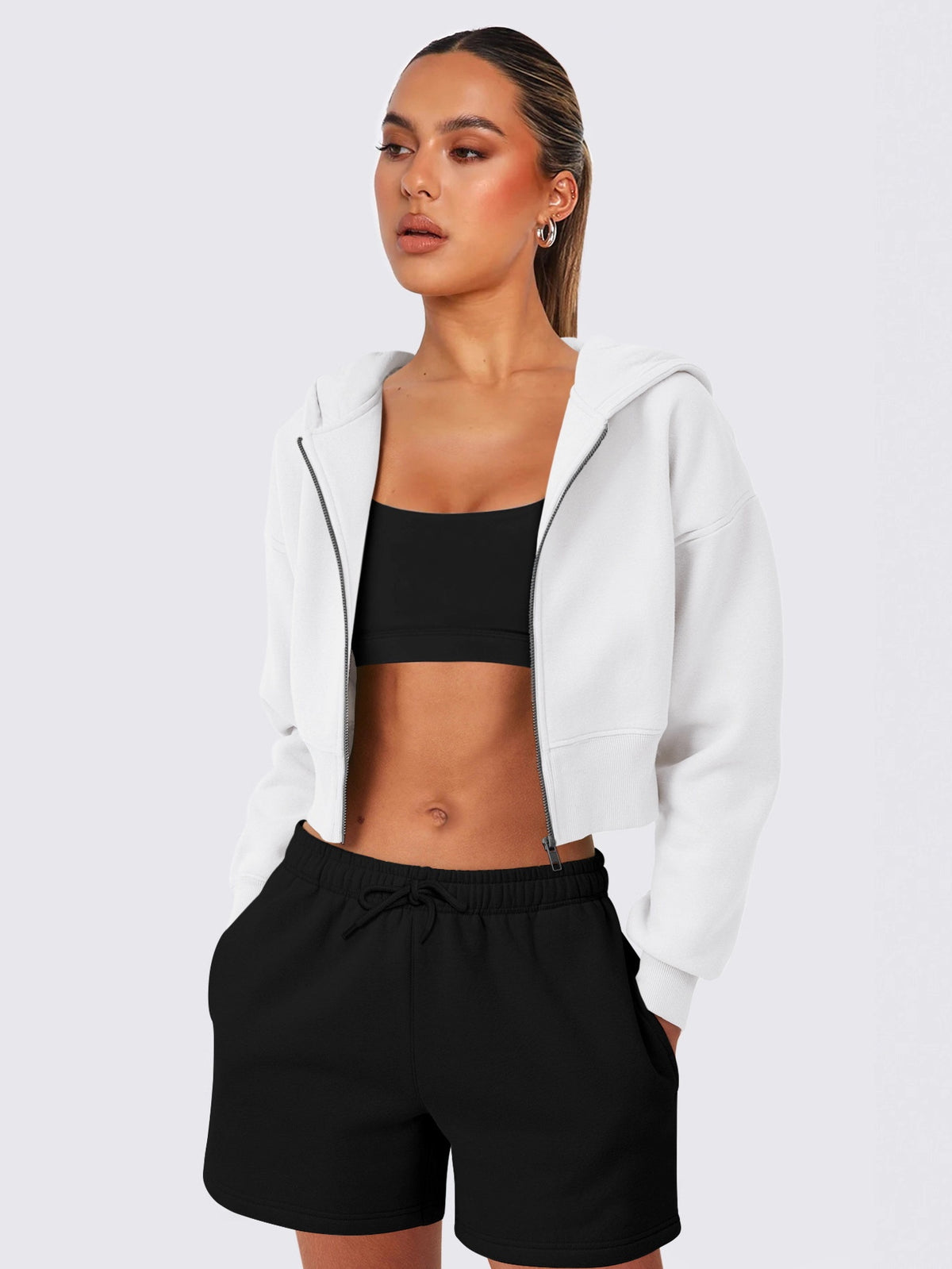Women's Autumn/Winter Solid Color Zipper Cardigan Long Sleeve Short Hooded Sweatshirt