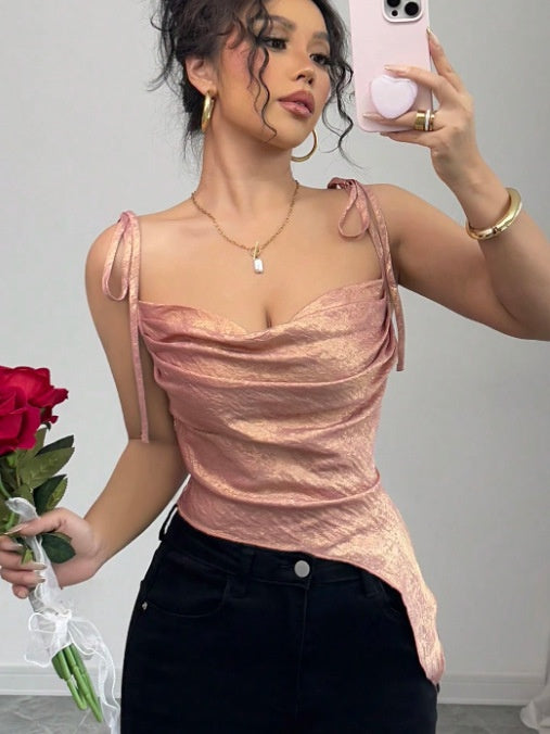 Irregularly Pleated Glossy T-shirt With Gold Foil Short Camisole