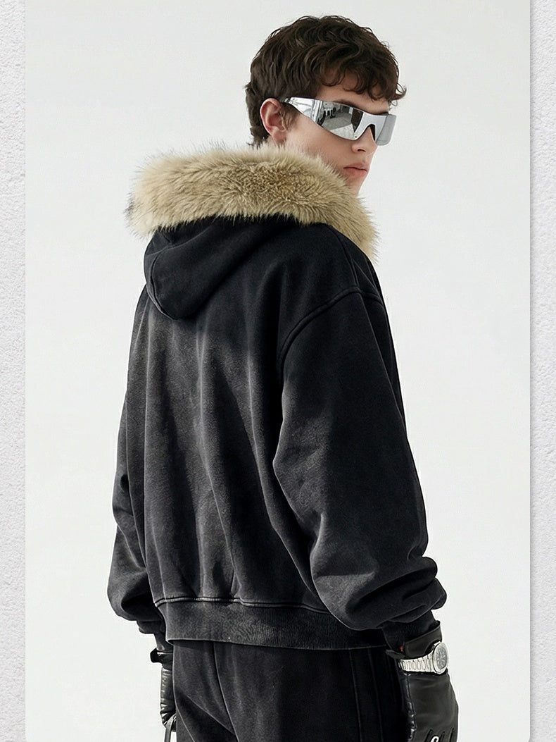 Gilet à capuche en polaire doublé, col en fourrure, coupe carrée et délavée