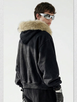 Gilet à capuche en polaire doublé, col en fourrure, coupe carrée et délavée