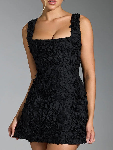 Square Collar 3D Flowers Slim Fit Sleeveless Tie Mini&Short Dresses