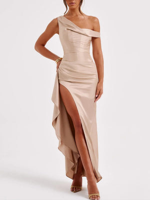 Asymmetrical Satin Shoulder Design With A Cinched Waist Solid Color Maxi Dresses