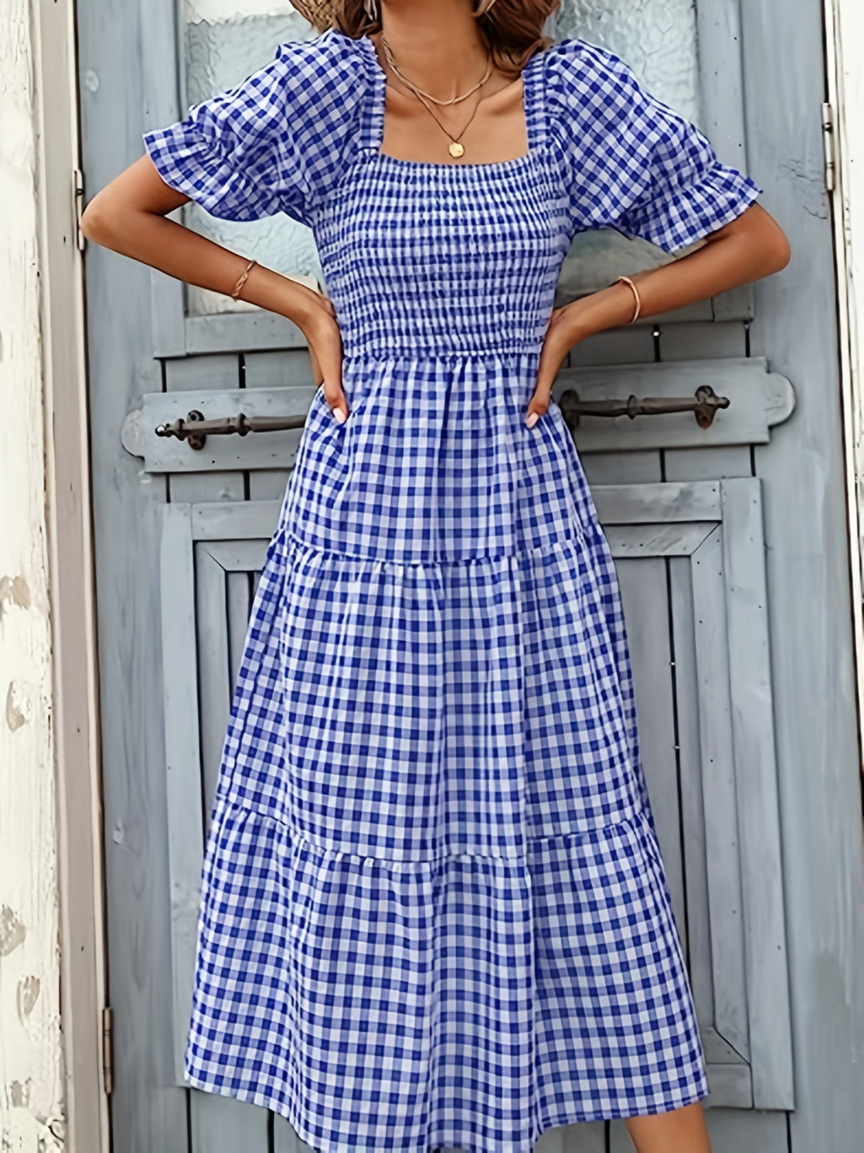 Plaid Puff Sleeve U-neck Mini&Short Dresses