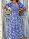 Plaid Puff Sleeve U-neck Mini&Short Dresses