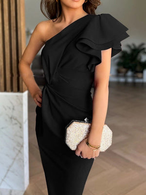 Sloping Shoulders Irregular Formal Dress Midi Dresses