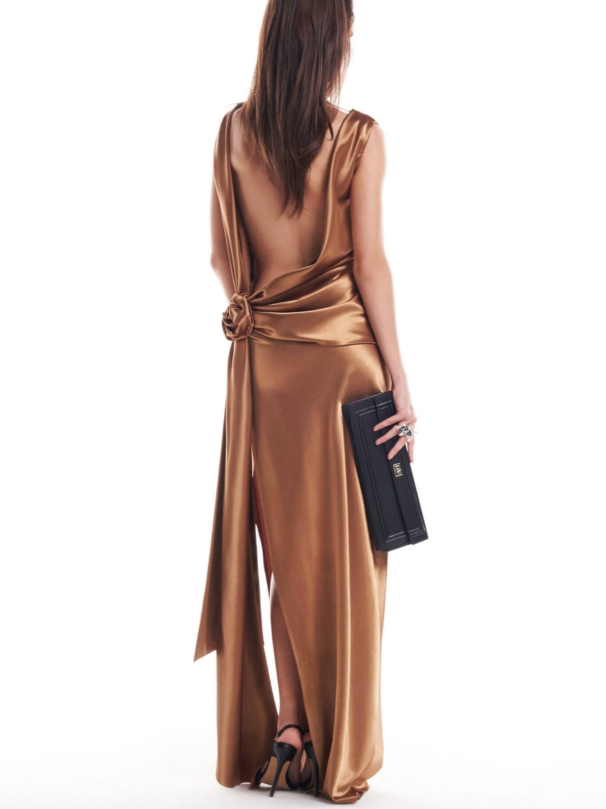 Satin Flowers Formal Dress Slit Maxi Dresses