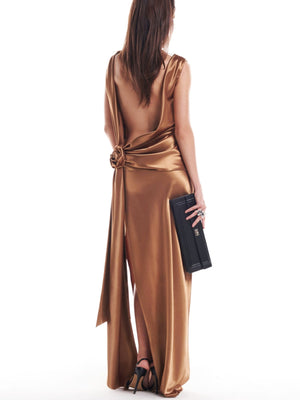 Satin Flowers Formal Dress Slit Maxi Dresses