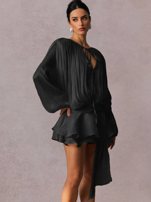 V-neck Straps Crimp Ribbon Wood Ear Solid Color Mini&Short Dresses