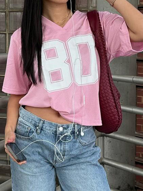 Contrasting Colors Number V-neck, Loose, Casual Basic T-shirts