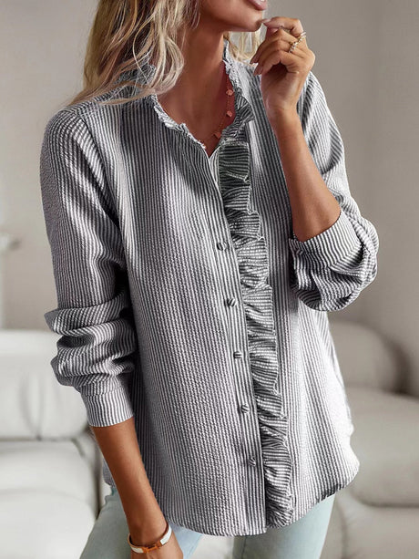 Stripes Ruffle Puff Sleeve Commuting Shirts