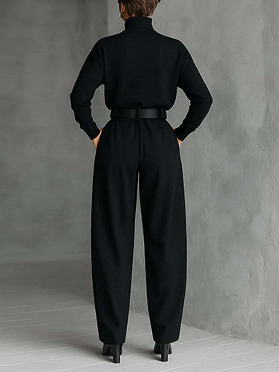 Turtleneck Long Sleeve Jacket High Waist With Belt Pants Set