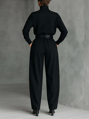Turtleneck Long Sleeve Jacket High Waist With Belt Pants Set
