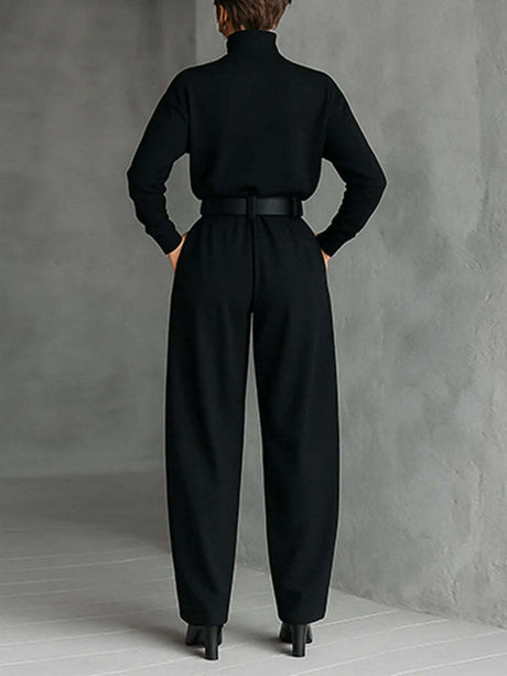 Turtleneck Long Sleeve Jacket High Waist With Belt Pants Set