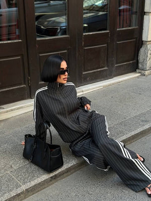 Women's Vertical Striped Three-Stripe Tracksuit Stand-up Collar Zip-up Jacket And High-waisted Wide-leg Trousers Two-piece Set