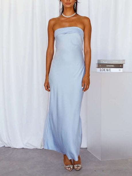 Bandeau Elasticity Backless Knitting Satin Sexy Maxi Dresses