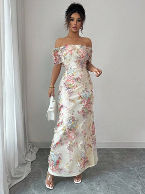Printed Textured Fabric Off Shoulder Ruffle Maxi Dresses