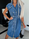 Denim Collared Sleeveless Studded Pockets Waist Tie Maxi Dresses