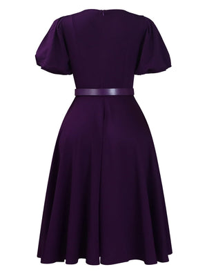 Puff Sleeve High Waist Crew Neck Large Skirt Commuting Leisure Midi Dresses